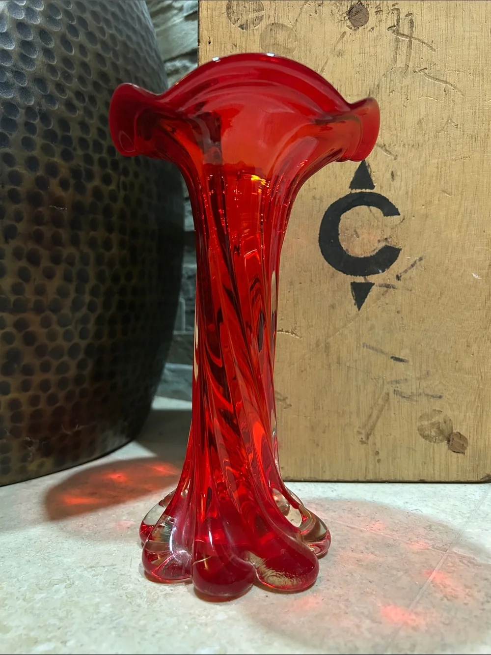 Vintage Red Handblown Fluted Glass Bud Vase - Unbranded